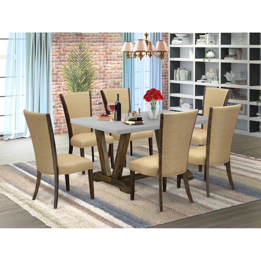HomeStock 7-Piece Natural Oak Finish Solid Wood Top Dining Table with 6-Chairs