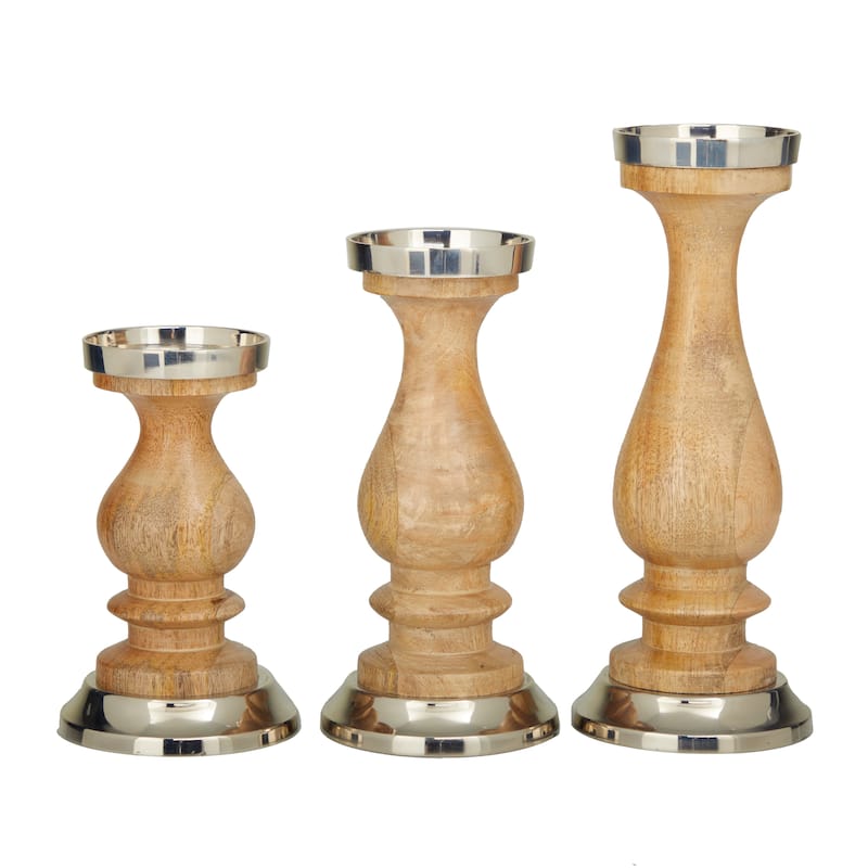 Silver Wood Candle Holder (Set of 3) - S/3 12", 10", 8"H