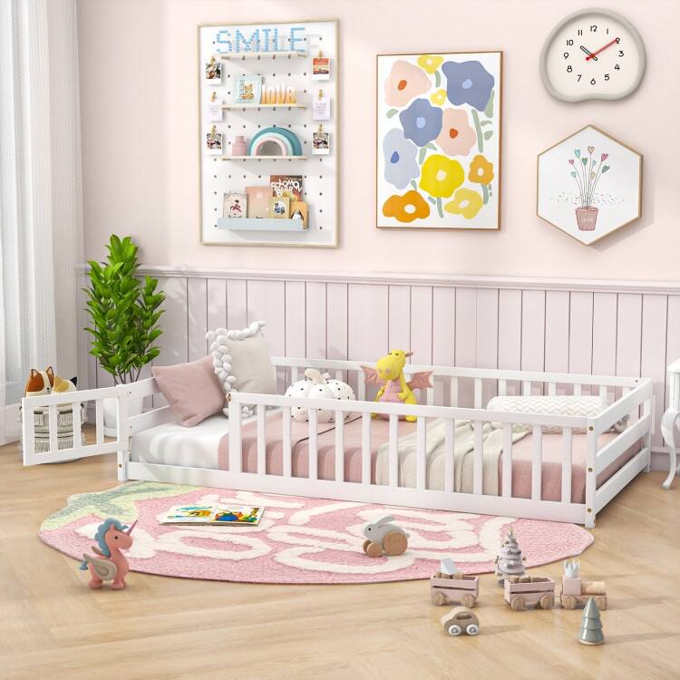 Twin Size Kids Wood Montessori Floor Bed with Door and Fence
