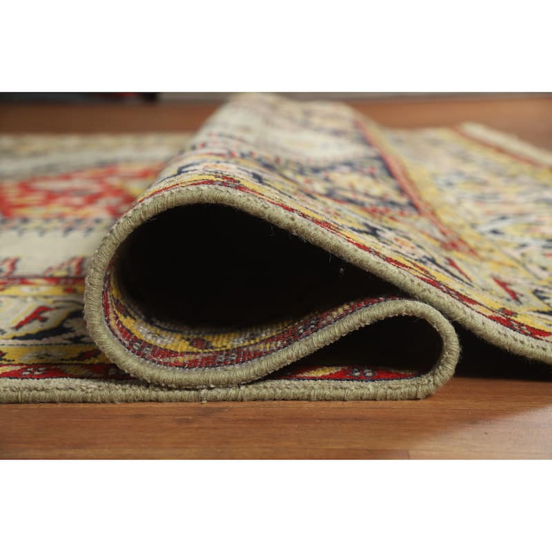 Green Geometric Viss Indian Area Rug Hand-Knotted Wool Carpet - 8'7" x 11'9"