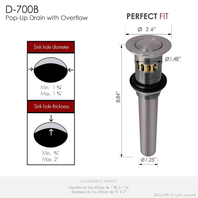 STYLISH Pop-Up Bathroom Sink Drain with Overflow D-700