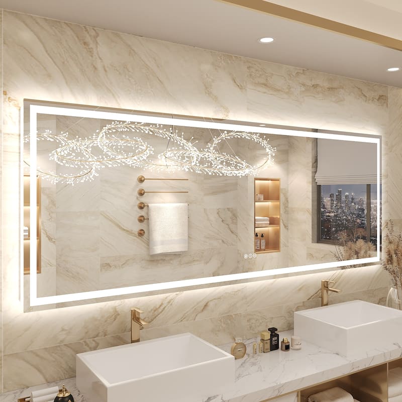 Frameless LED Front Light and Backlit 3 Colors Dimmable Anti-Fog Wall Bathroom Vanity Mirror - 84" x 32"-Square Corner