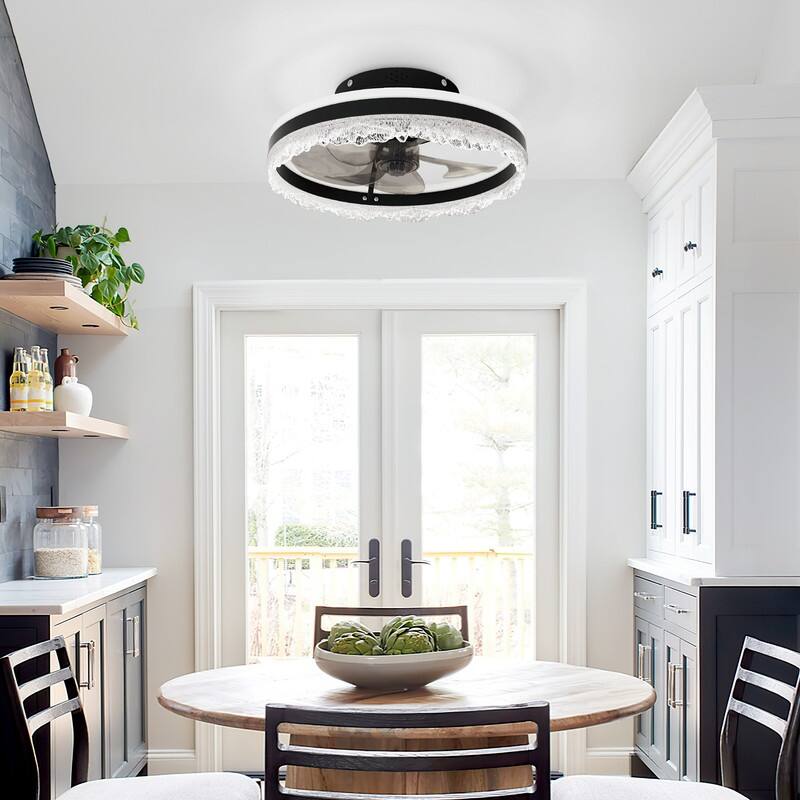 Smart Silent LED Ceiling Fan with Light Crystal Flush Mount, Hidden Blades