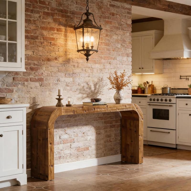 Farmhouse Wood Sofa Table - Narrow Side Table with Curved Design