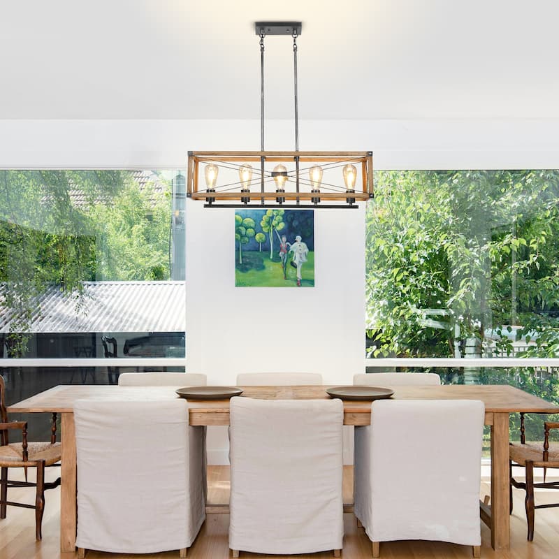 Farmhouse Black Rectangular Chandelier Island Lights for Kitchen Island Lighting - 5-Light