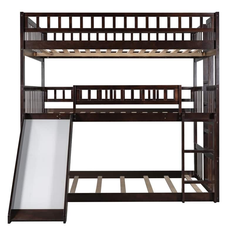Full-Over-Full-Over-Full Triple Bed with Built-in Ladder and Slide , Guardrails