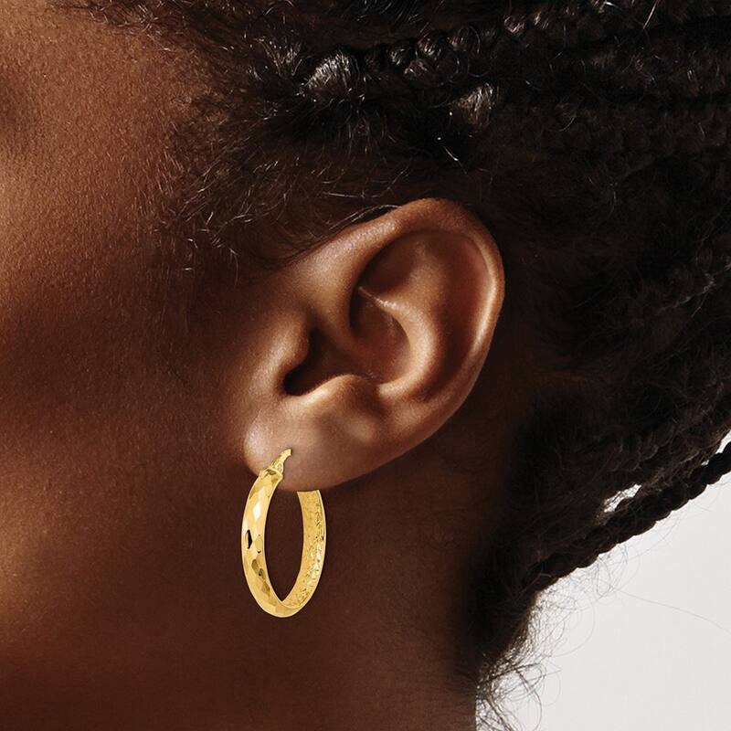 Curata 14k Yellow Gold Polished and Textured Sparkle Cut Inside Fancy Hoop Earrings 24.66x24.14mm