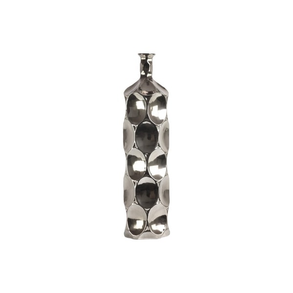 Narrow Neck Ceramic Bottle Vase With Dimpled Pattern, Large, Silver