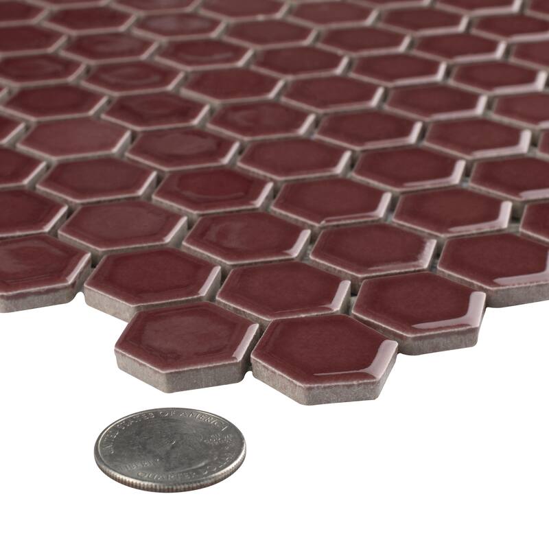 Merola Tile Tribeca 1" Hex Glossy Rusty Red 10-1/4" x 11-7/8" Porcelain Mosaic Floor and Wall Tile