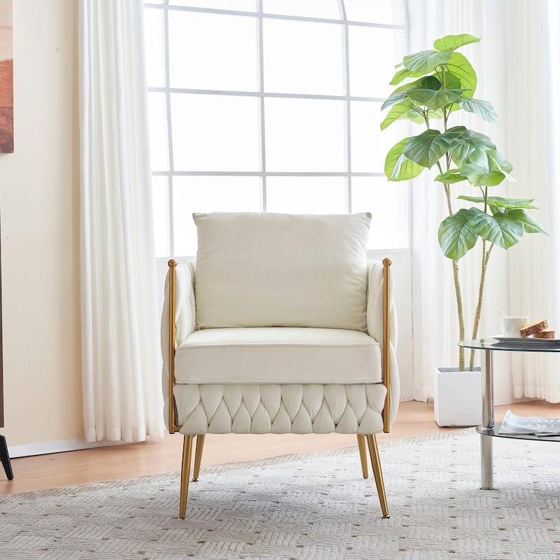 Modern Comfy Handmade Bucket Woven Velvet Accent Chair Arm Chair - White