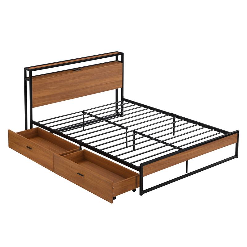 Black Queen Size Metal Platform Bed Frame with 2 Drawers, Sockets and