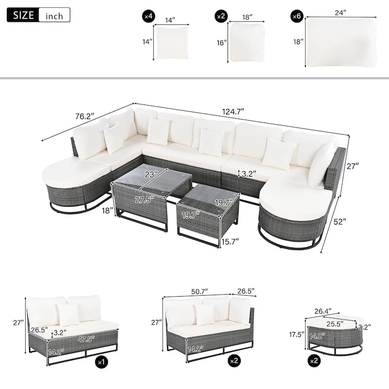 7 Pieces Outdoor Wicker Sofa Set, Rattan Conservation Sectional Free Combination Set, Patio Furniture Sets with Coffee Table