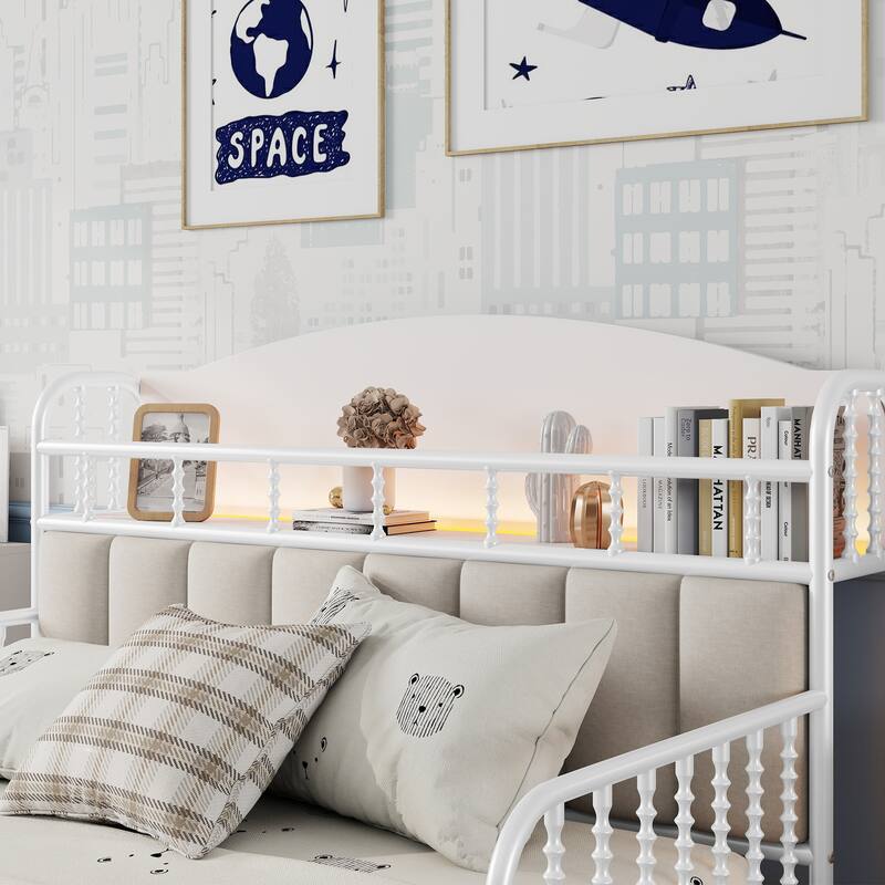 Kids Platform Bed Metal Frame with Linen Fabric Upholstered Storage Headboard Built-in Light Strip, Both Sides Rails
