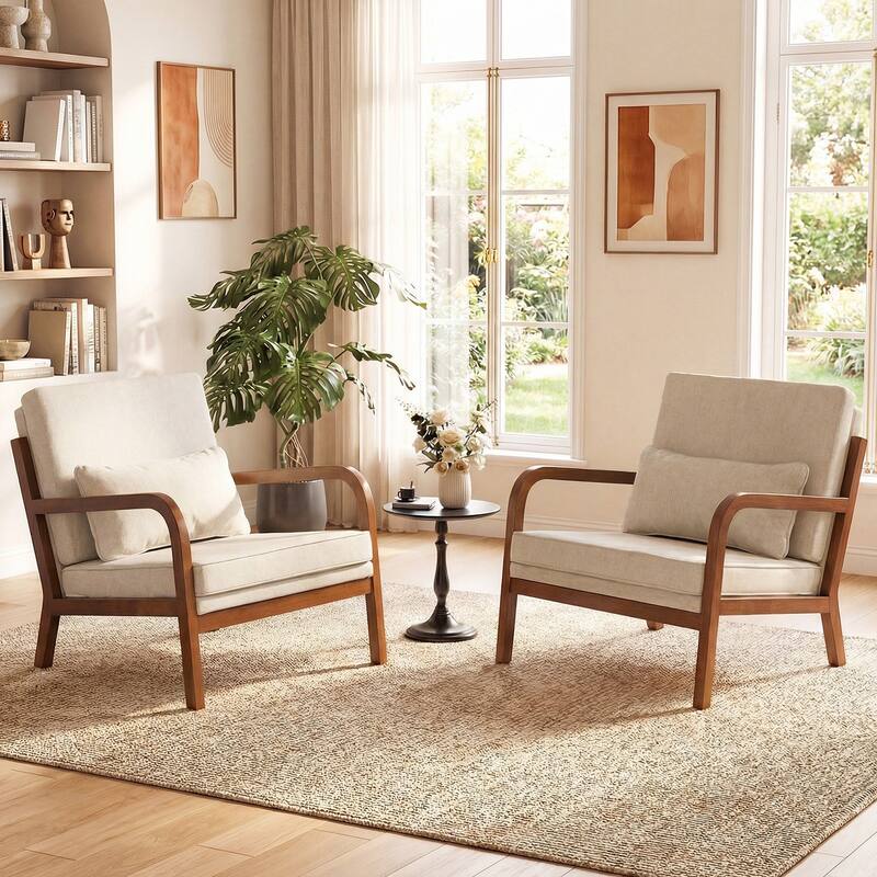 Gymax 2PCS Linen Fabric Upholstered Armchair w/ Lumbar Pillow
