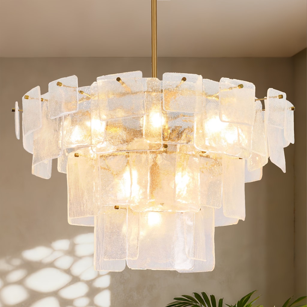 Calyra Modern Luxury 13-Light Tiered Gold Textured Handmade Glass Chandelier for Living Dining Room Foyer