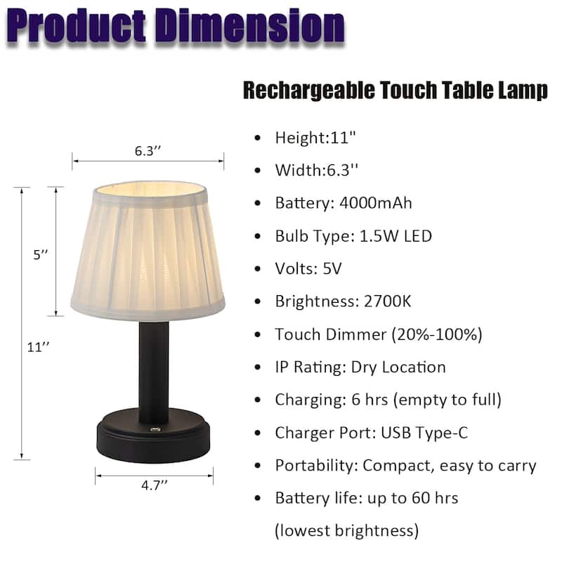 Modern Type-C Rechargeable LED Table Lamp Dimmable Touch Control with Fabric Shade For Bedroom Living Room - W6''