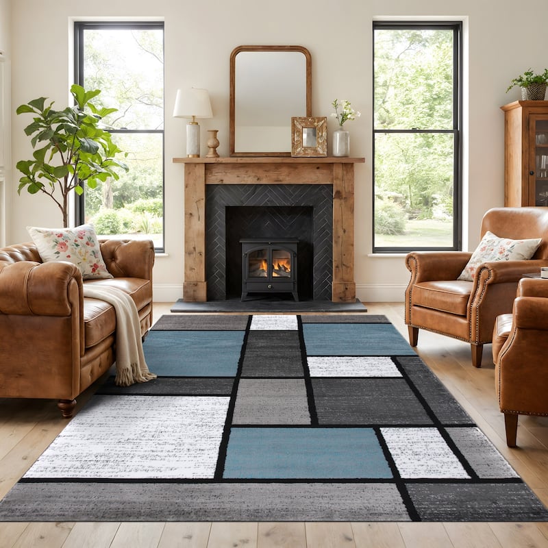 World Rug Gallery Contemporary Modern Boxed Color Block Area Rug - 7'10" x 10'2" - Light Blue