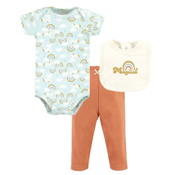slide 1 of 1, Hudson Baby Infant Girl Cotton Bodysuit, Pant and Bib Set, Magical Rainbow 0-3 Months - Magical Rainbow