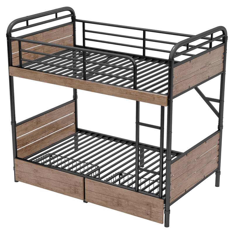 Twin XL over Twin XL Metal Bunk Bed with LED Lights, Charge Station, and Storage Drawers, Black