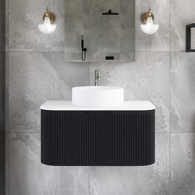 Plywood Wall-Mounted Bathroom Vanity Set with Integrated Ceramic Sink in Natural Wood