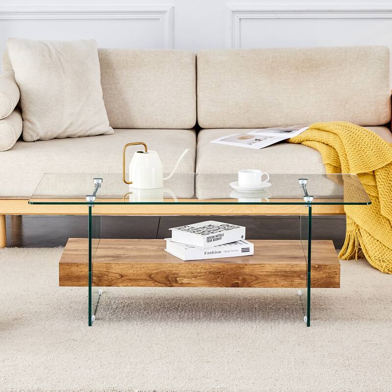 Roomfitters 43.3" Two-Tier Glass Coffee Table with Light Wood Shelf, Side Table or Display Stand