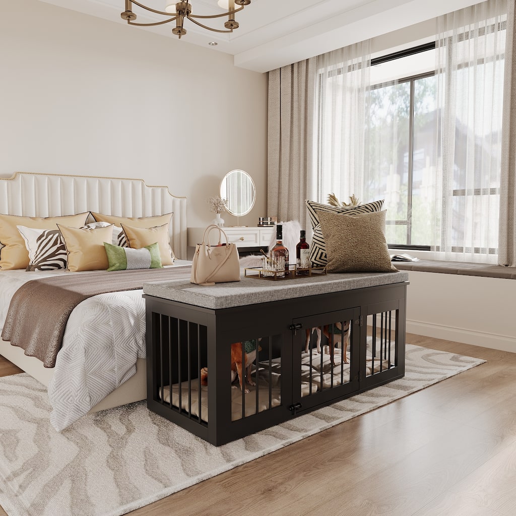 Chic Pet Haven: Luxe Wooden Dog Crate & Designer Home Bench - 47.2"