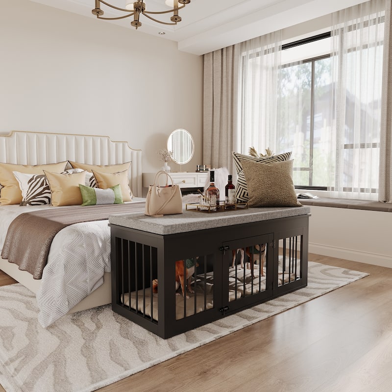 Chic Pet Haven: Luxe Wooden Dog Crate & Designer Home Bench - 47.2"