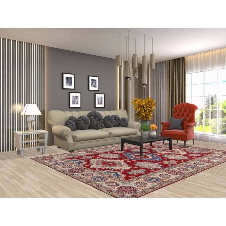 Red Geometric Kazak Rug Hand-Knotted Living Room Wool Carpet - 6'9" x 9'6"