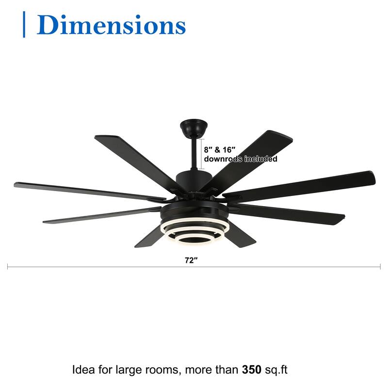 CurveCurio 72" Modern Large Ceiling Fan w LED Light, 8 Wood Blades and Quiet DC Reversiable Motor w 6 Speeds, Remote Control