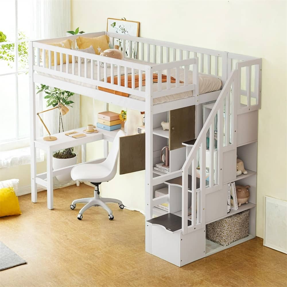 Wood Twin Size Loft Bed w/Built-in Desk,LED,Storage Shelves,Cabinets