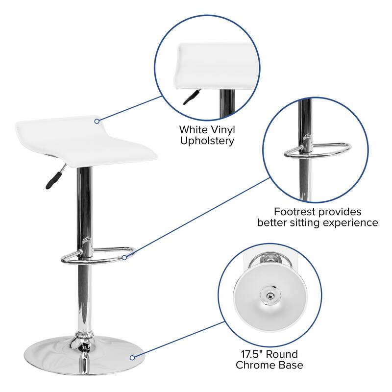 2 Pack Contemporary Vinyl Adjustable Height Barstool with Solid Wave Seat - 15"W x 15"D x 25.5" - 34"H
