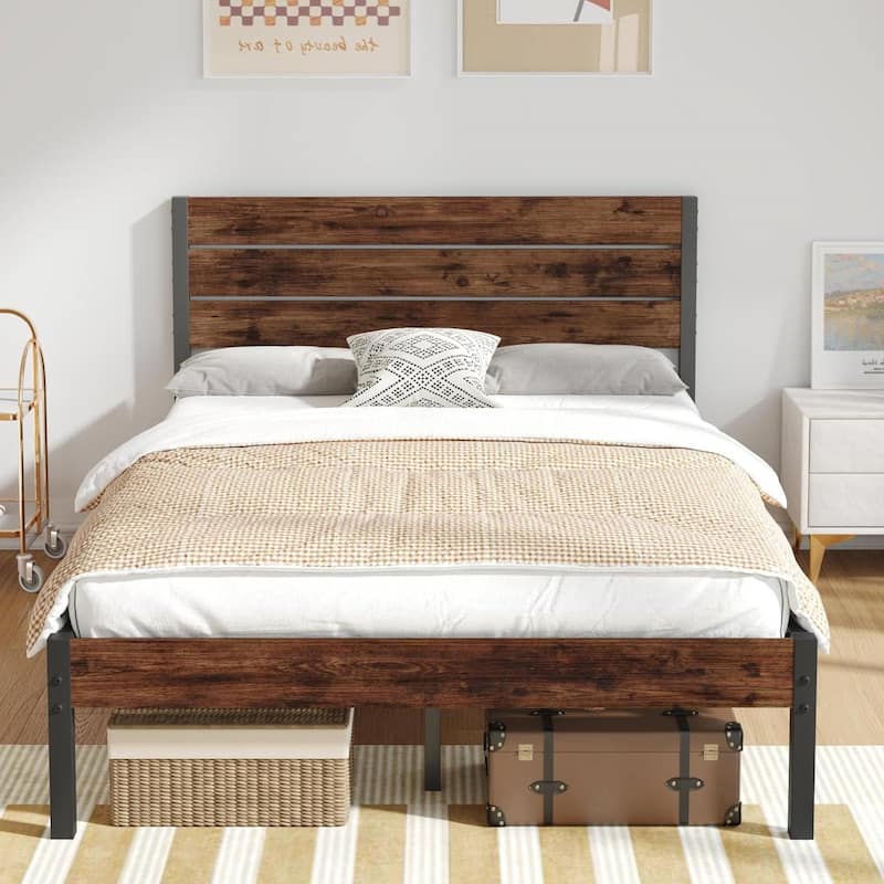 Brown Wood Headboard Platform Bed Frame with Sturdy Metal Design