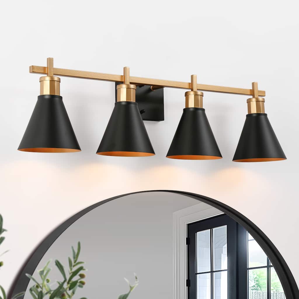 Reuel Modern Black Gold Vanity Light Bathroom 4-Light Metal Wall Sconce for Powder Room - 30.5'' L x 7.5'' W x 8.5'' H