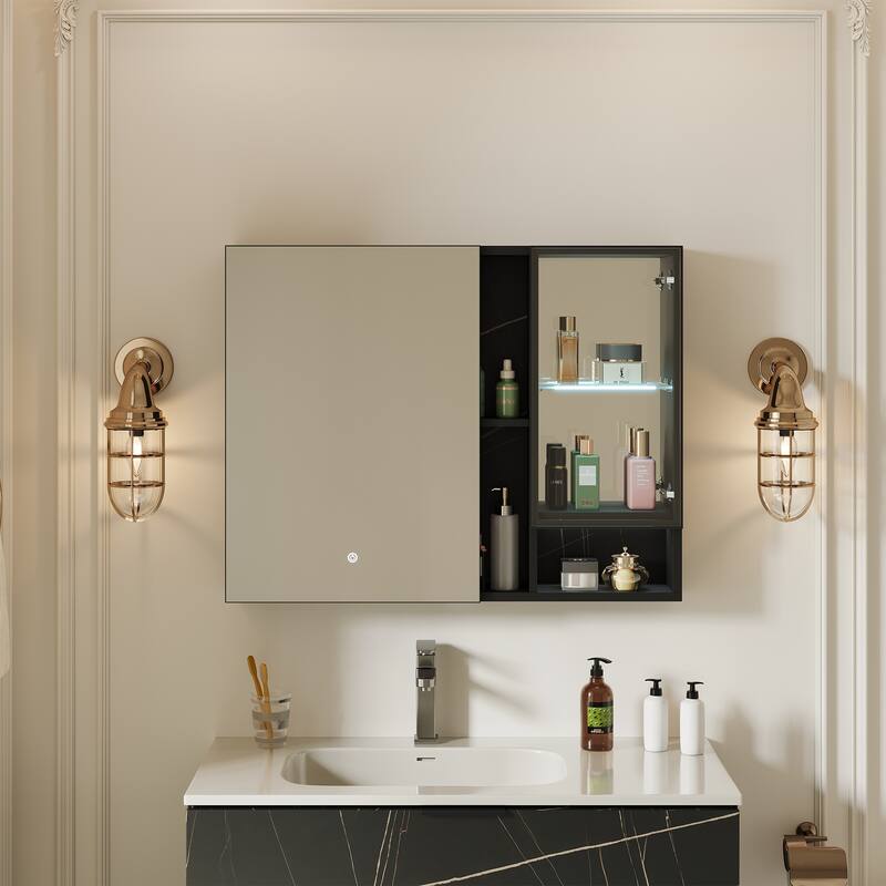 Recessed Mount Aluminum Frameless Medicine Cabinet With Glass Door, Adjustable LED Light, Mirrored Door, And Fixed Shelves