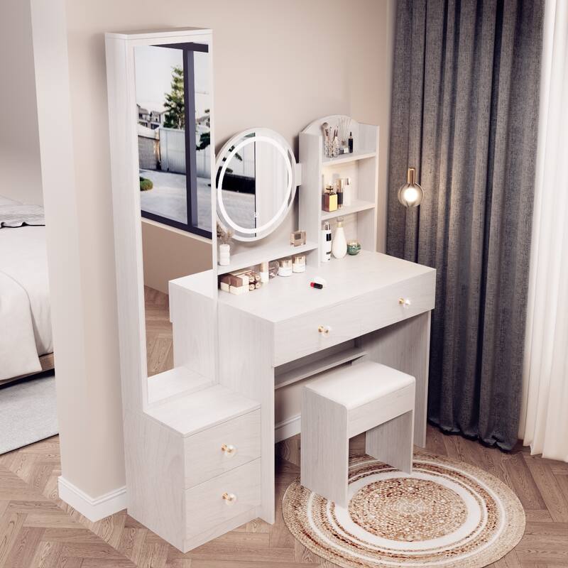 Makeup Vanity Desk with Mirror Cabinet & Cushioned Stool, Vanity Table Dressing Table w/ 4 Drawers, Storage Shelves & LED Mirror