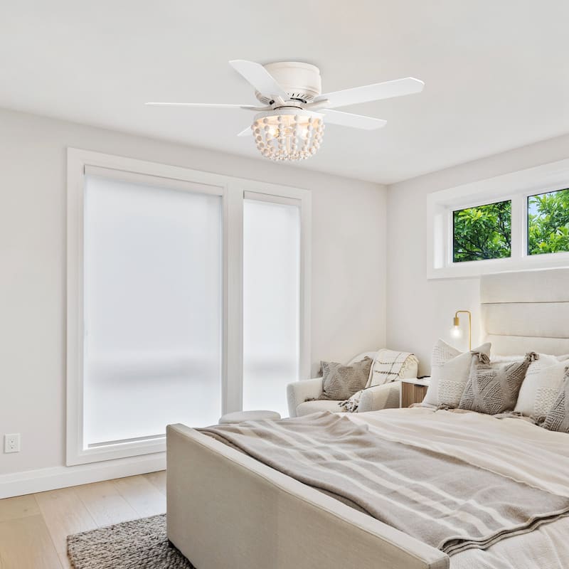 48" French Country White Wood Beads Low Profile Ceiling Fan with Remote
