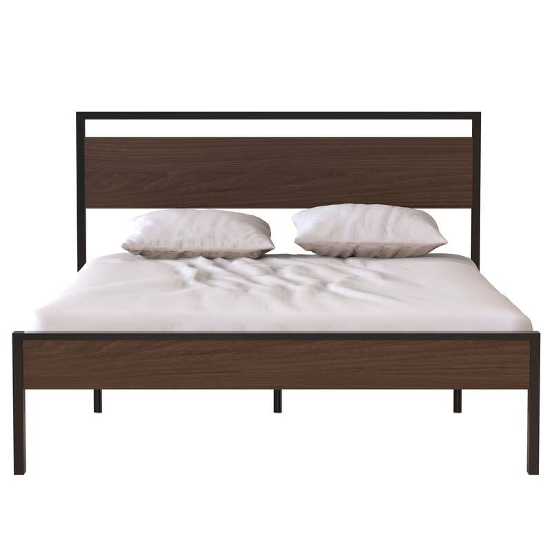 Ceres Queen Metal Bed - Black with Walnut Wood Headboard & Footboard
