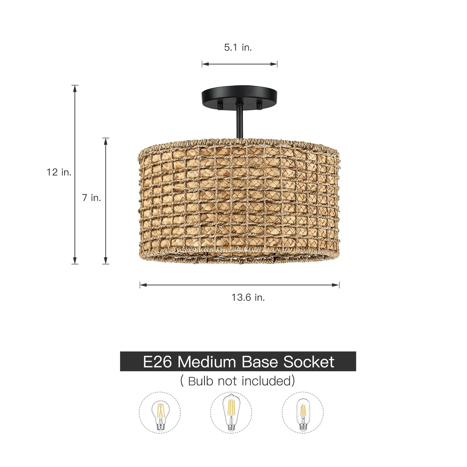 13.6 in. 2-Light Natural Rattan Semi-Flush Mount Ceiling Light with Black  Canopy - Black/earthy - 13.6 in. W - 13.6 in. W - On Sale - Bed Bath &  Beyond - 36239136