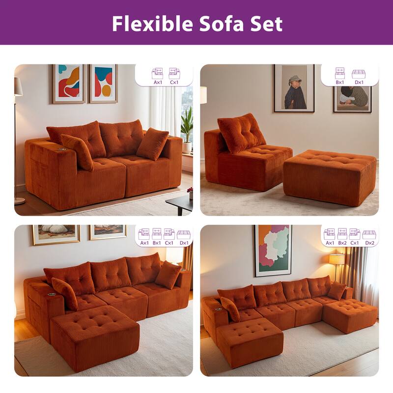 Corduroy Modular Sectional Sofa - 35.8"D x 101"W x 26.3"H