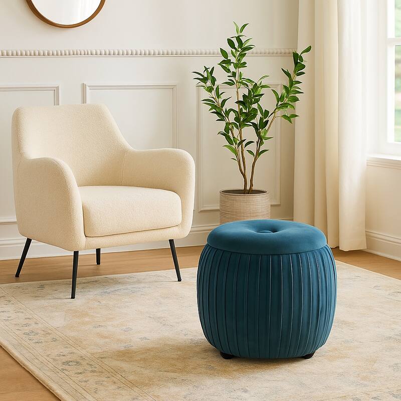 Backless Storage Stool with Velvet Upholstery - Accent for Living Room Home Decor - Blue