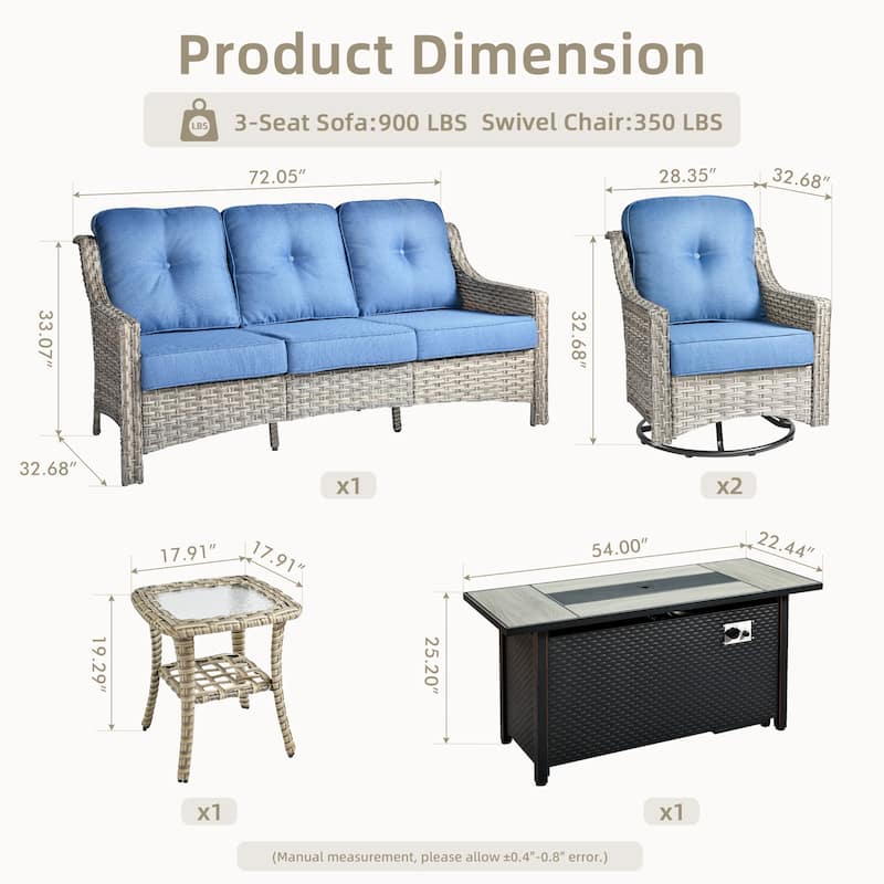 OVIOS 5 Pieces Outdoor Wicker Set with 54" Fire Table