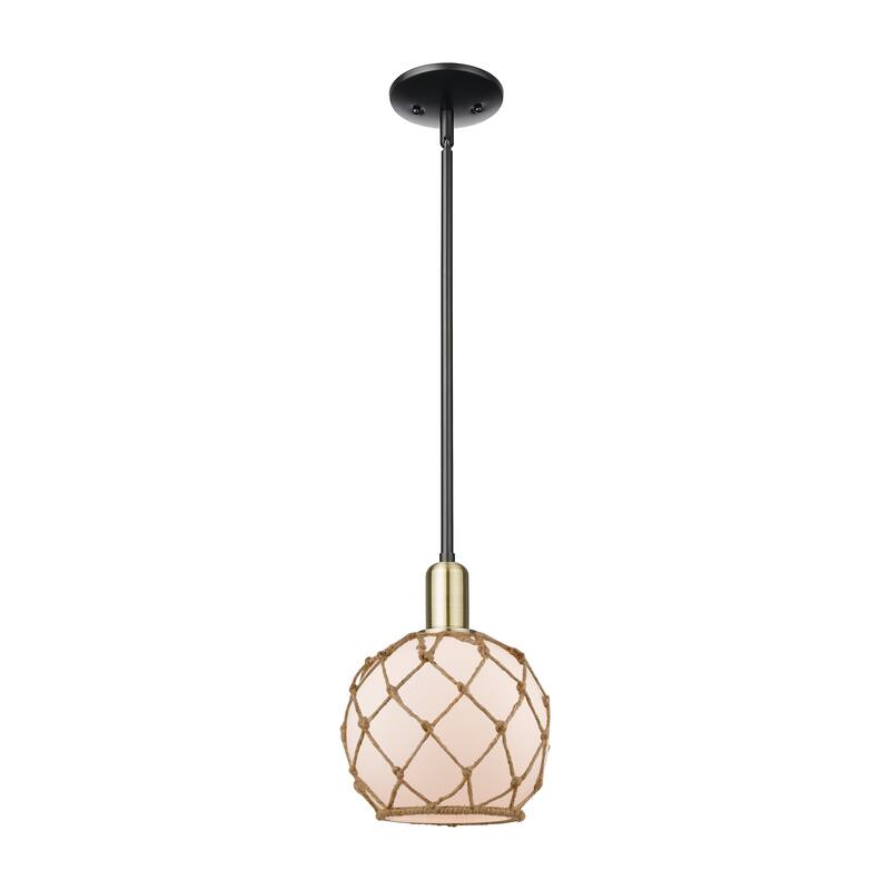 Innovations Lighting Endless Possibilities Arcadia - Farmhouse Rope - 1 Light 8" Stem Hung Mini Pendant - White Glass with Brown Rope/Black Antique Brass