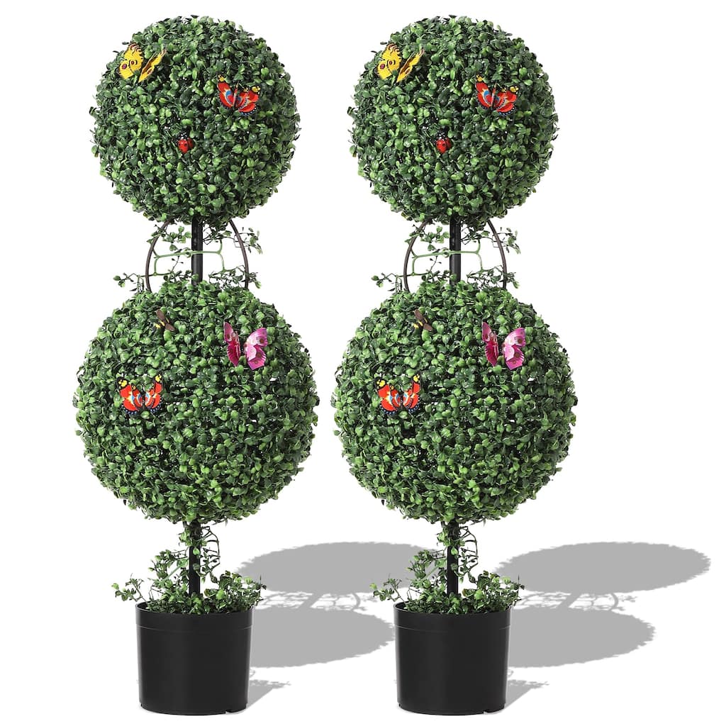 3 FT Artificial Double Ball Topiary Trees, Artificial Plants Outdoor with Vines & Insects Decoration, Set of 2