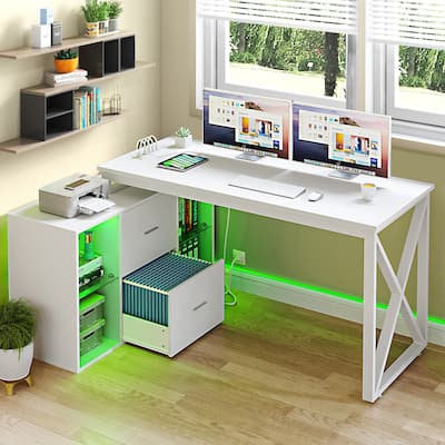 Moasis 55"W Reversible L Shaped Desk with Power Outlets and File Cabinet Open Storage Shelves