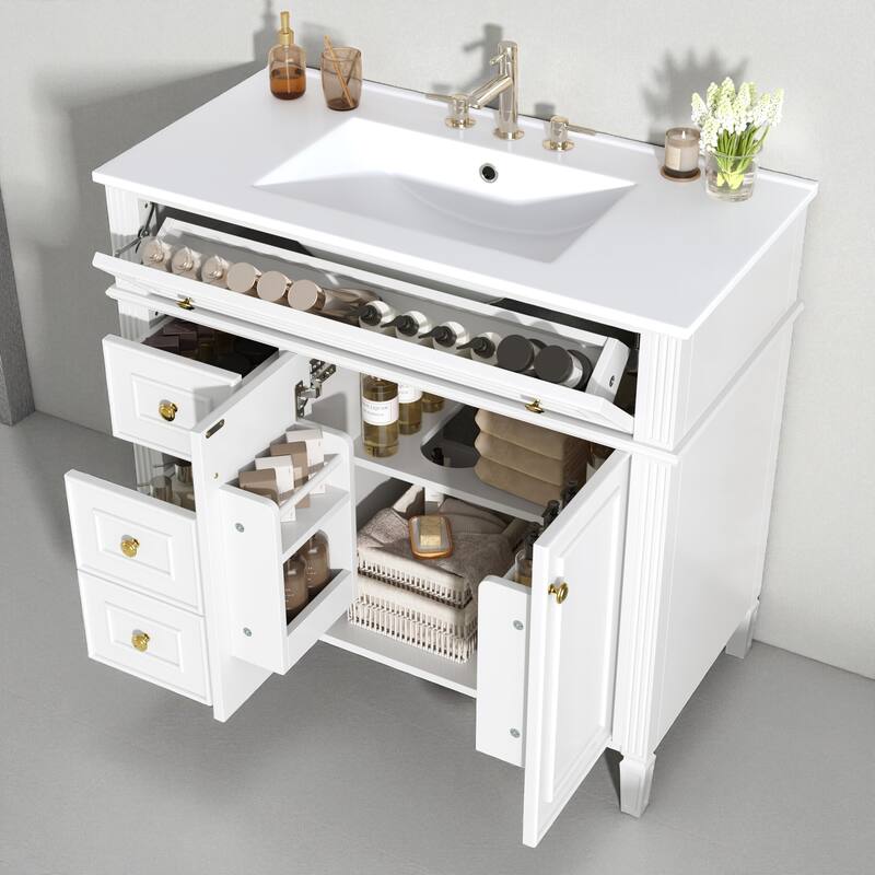 36" Freestanding Bathroom Vanity with Sink, Solid Wood Frame, 3 Drawers & 2 Soft-Close Doors, Gold Handles