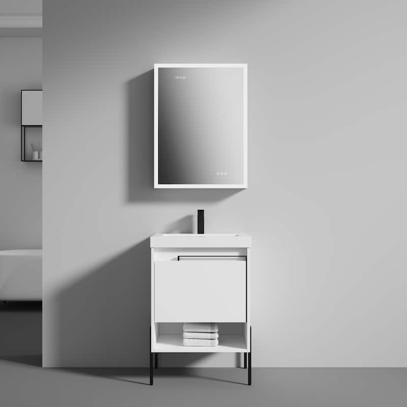 Freestanding Bathroom Vanity Set with Open Shelf & Topmounted Sink - Matte White