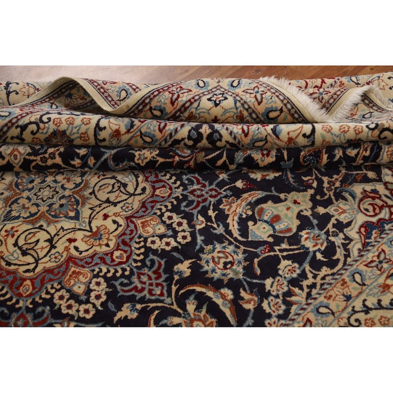 Navy Blue Floral Nain Persian Area Rug Handmade Wool Carpet - 6'7"x 10'5"