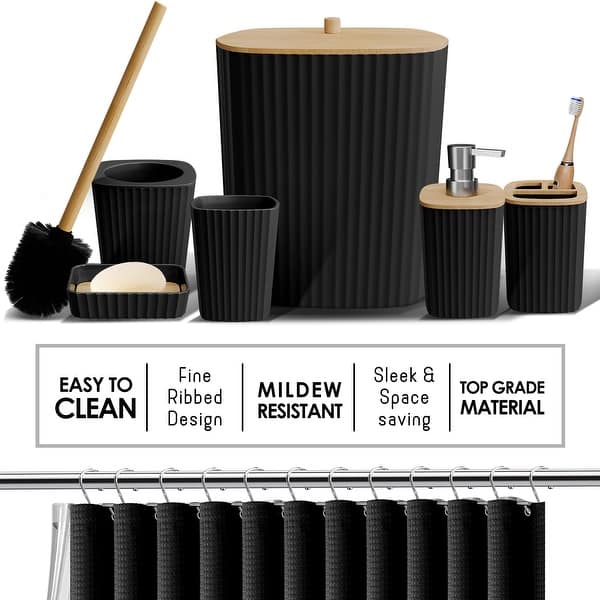 Clara Clark Bamboo Bathroom Accessories Set with Shower Curtain Set, Toilet Brush, Trash Can & Soap Dispenser