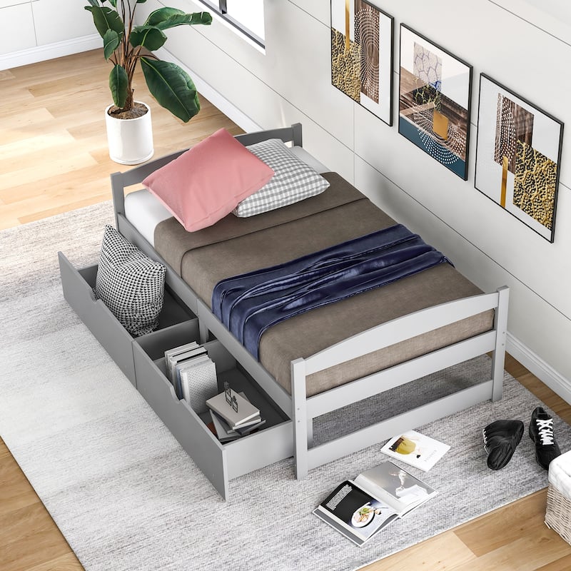 Twin Size Platform Bed with Two Drawers, Gray