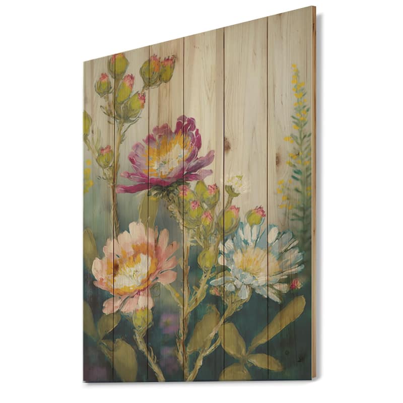 Designart 'Painted Blossoming Wildflowers IV' Floral Bouquet Wood Wall Art - Natural Pine Wood